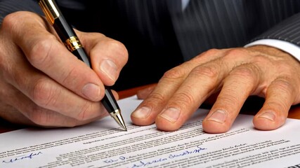 Professional man signing an important document in an office setting during the day