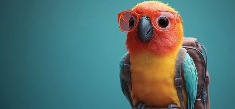 Sun Conure bird with backpack & glasses. Teal background. Travel concept