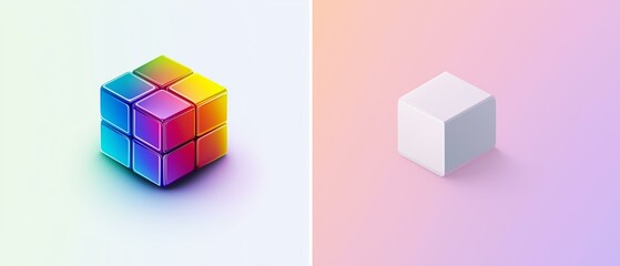 Obraz premium A digital artwork showcasing two cubes side by side, one with a vibrant rainbow texture and the other with a matte white finish. Perfect for gaming graphics or artistic display.