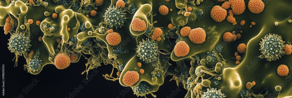 Poster dense layer of microbes illustrating complex interactions in a natural environment. generative ai