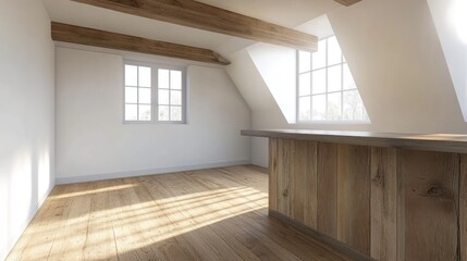 Fototapeta premium Sunlit Attic Room with Wooden Beams and Counter