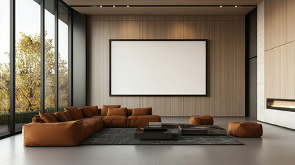 Stylish living room with large blank frame and cozy seating area
