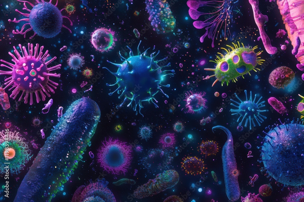 Aufkleber array of diverse bacteria and microbes showcasing vibrant colors in a microscopic view. generative a