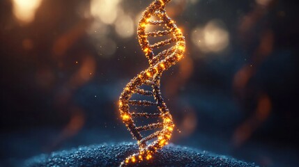 Glowing DNA strand rising, dark bokeh background.