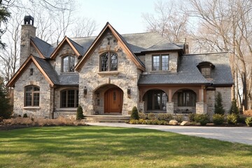 Obraz premium A beautiful stone cape cod house with a steep roof, large windows, and wooden accents, surrounded by a well-maintained lawn and trees.