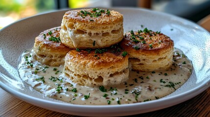 Decadent biscuits with gravy gourmet restaurant food elegant setting close-up culinary delight