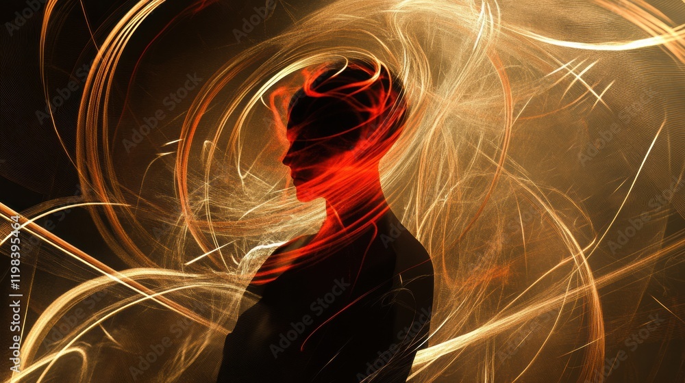 Poster person surrounded by swirling lines and abstract shapes in a captivating display of light and motion