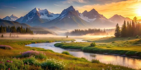 Serene Sunrise Over Majestic Mountains and a Winding River, Illuminating a Lush Meadow with Wildflowers