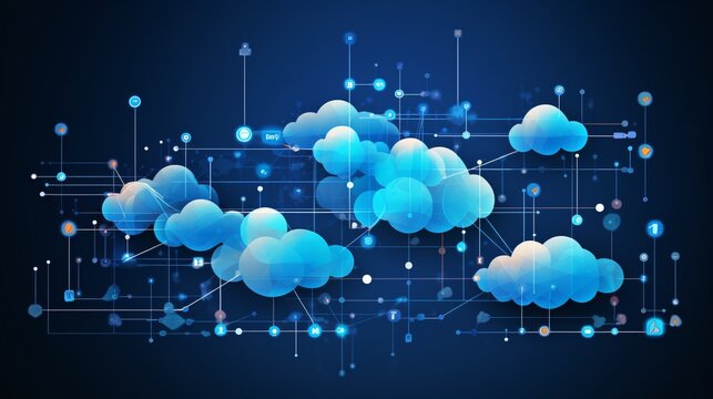 Cloud computing icons with interconnected lines on a blue background