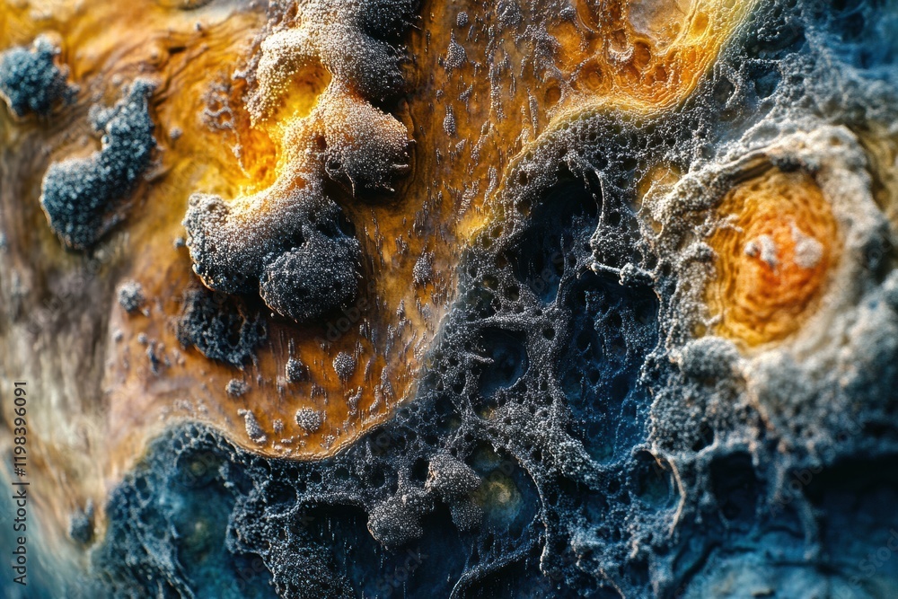 Poster dense microbial layer showcasing intricate textures and colors under natural light. generative ai