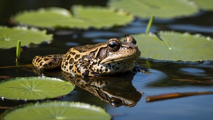 Obraz premium Gopher Frog Perched on a Lily Pad in a Peaceful Sunlit Marsh