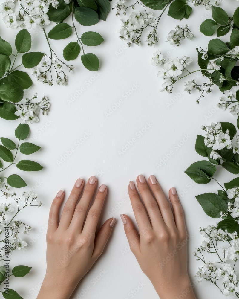 Poster hands placing simple greenery on clean desk minimalist composition natural vibes calm environment