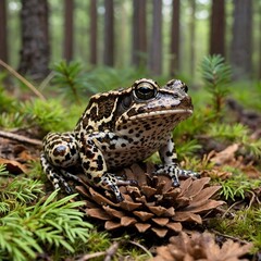 Fototapeta premium Gopher Frog Resting on a Pine cone in the Heart of a Pine Forest