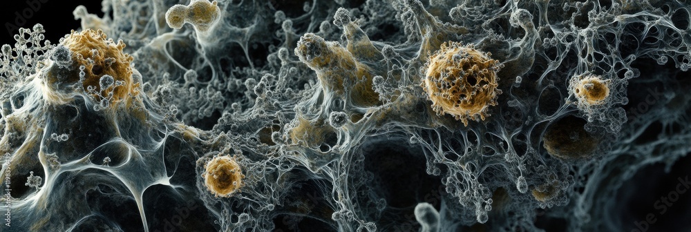 Aufkleber Dense layer of microbes displaying complex structures and forms in various colors under microscopic examination. Generative AI