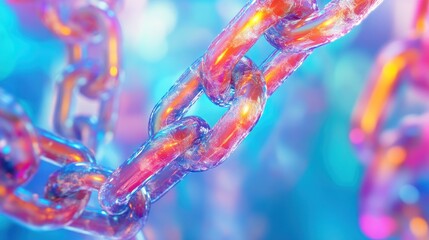 Abstract Neon Chain Links: A vibrant, colorful digital art piece featuring a close-up of interconnected chain links, bathed in neon light.