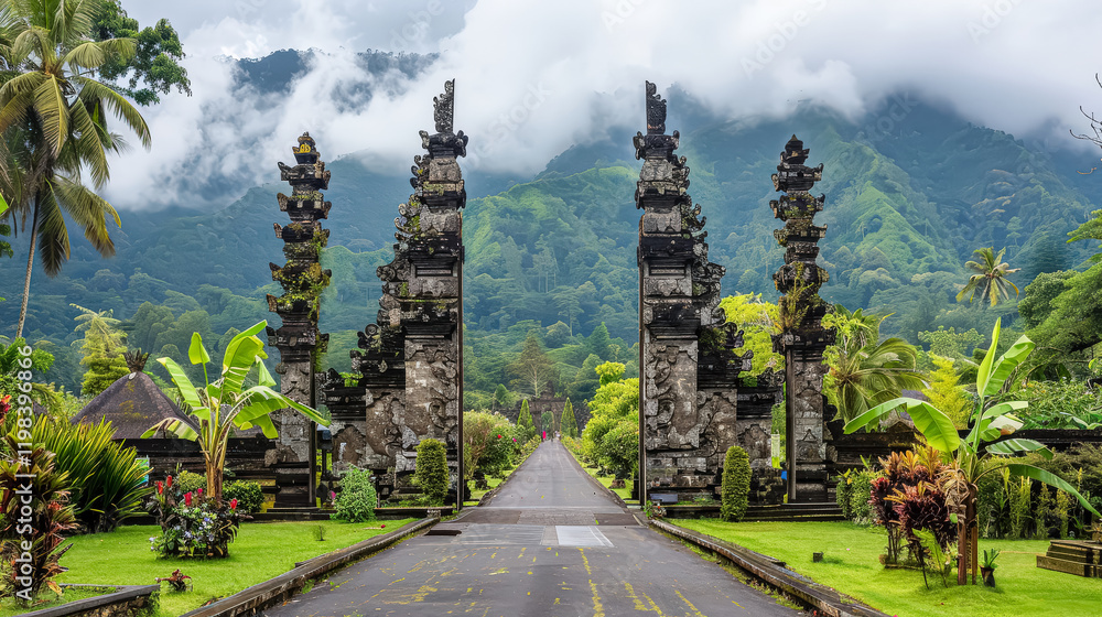 Poster large archway with a path leading through it. the archway is decorated with statues and the path is 