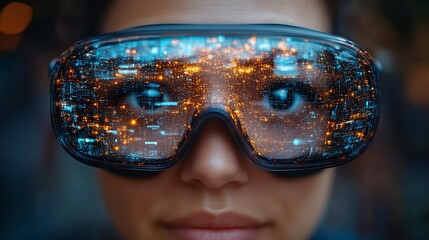 Woman wearing futuristic AR glasses, city reflection.