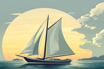 Fototapeta premium Classic Sailboat at Sunset, Large Moon & Coastal Silhouette