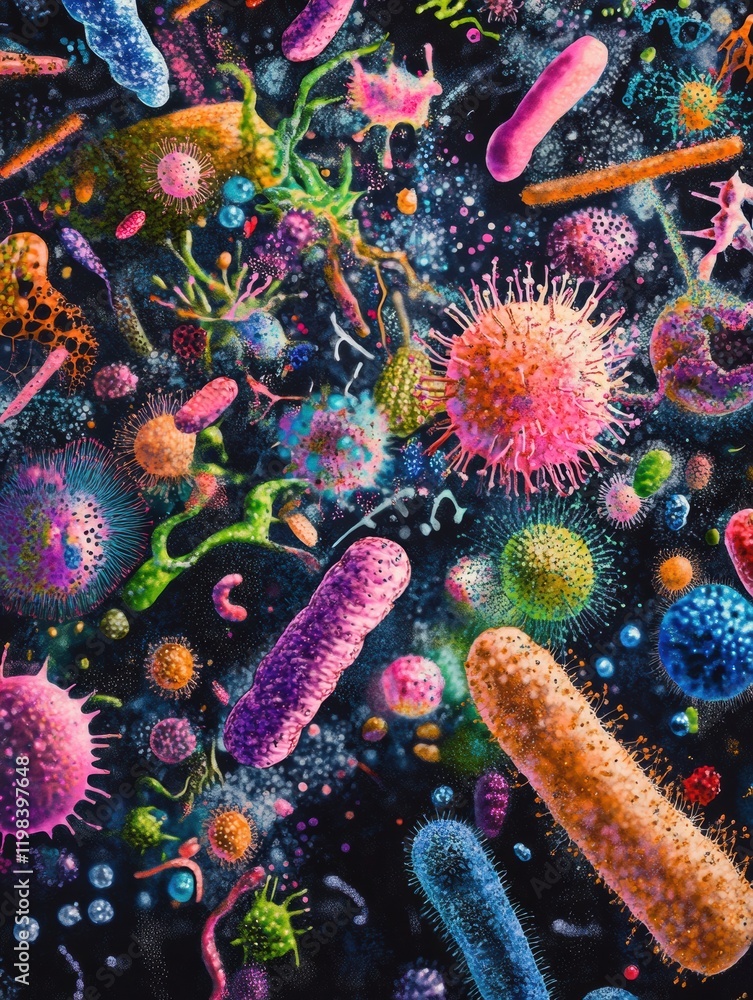Poster exploration of diverse bacteria and microbes in a vibrant and colorful array. generative ai