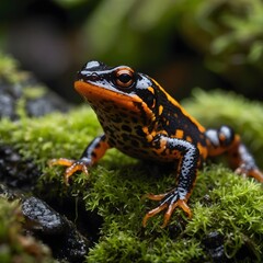 Obraz premium Intimate Close-Up of a Black-Spotted Newt on a Mossy Surface