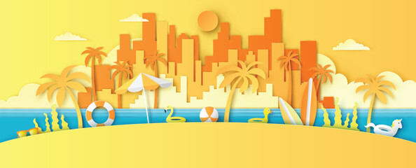 Scenery of city and sea with sunset in evening. Summer landscape. paper cut and craft style. vector, illustration.