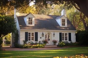 A charming white cape cod style cottage with a sloped roof, featuring two dormer windows and black shutters. The front yard is lush with greenery and colorful flowers, creating a welcoming atmosphere.