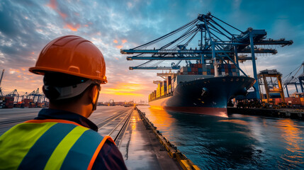 A dockworker wearing a reflective vest and helmet meets a cargo ship. Container ship, dusk, shipyard.