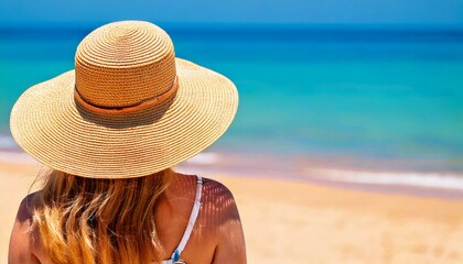 a person wearing a straw hat on the beach, shot from behind, beach background, copy space