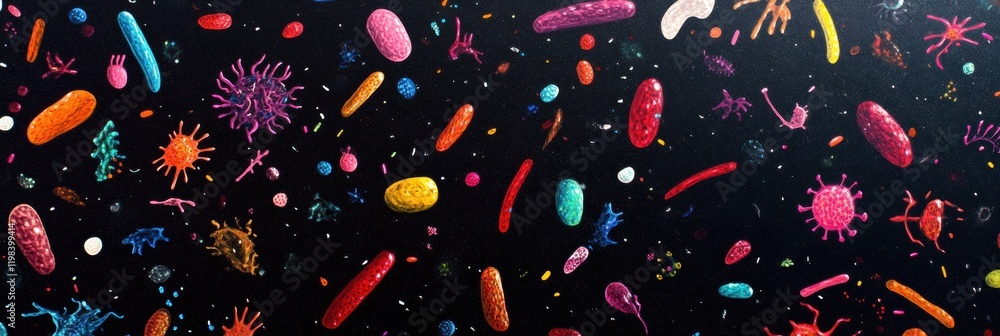 Aufkleber microbial diversity in a vibrant array showcasing various bacteria and microbes in a dark background