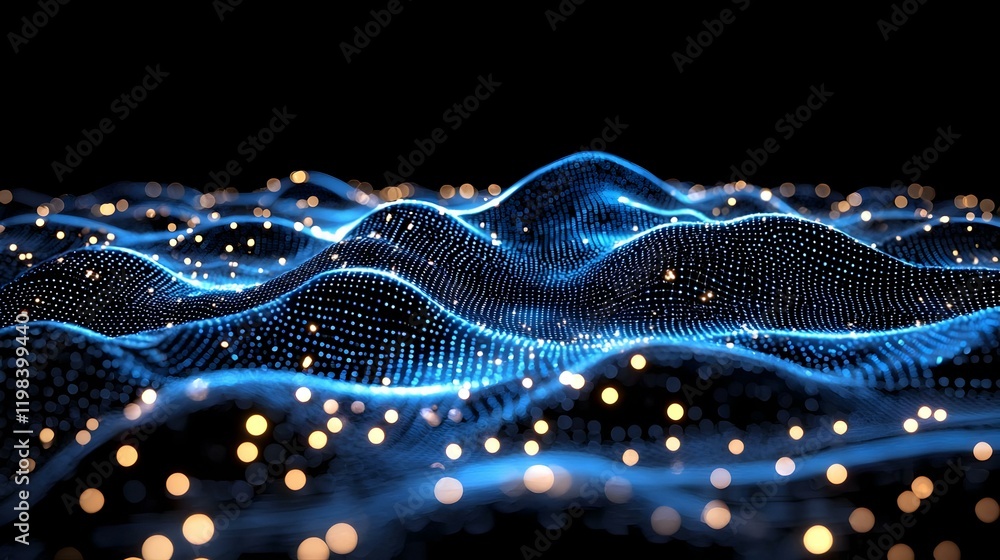 Poster abstract representation of data flow and storage, showcasing interconnected nodes and vibrant colors