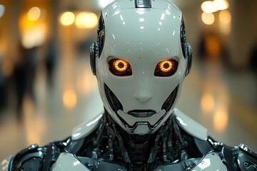 Close-up of a humanoid robot's face with glowing orange eyes.