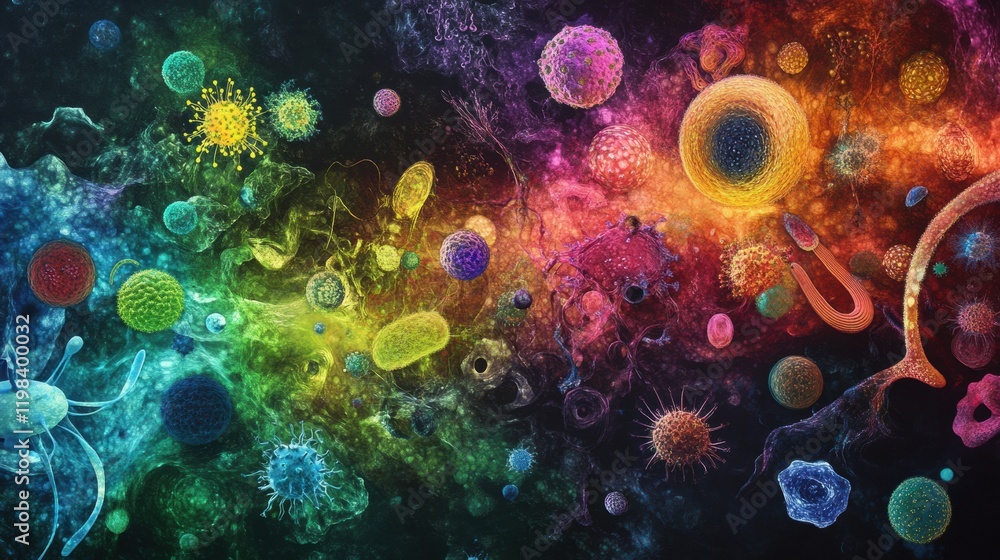 Aufkleber Diverse array of colorful bacteria and microbes in vibrant microenvironment captured under a microscope. Generative AI