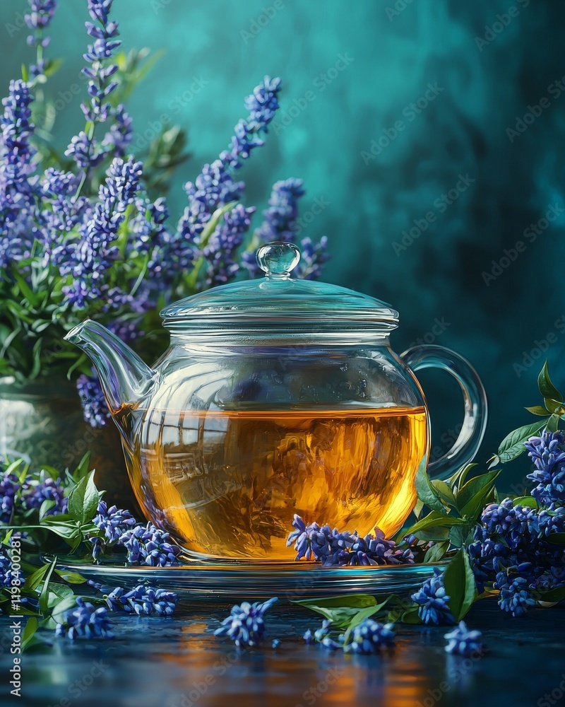 Poster calming tea experience serene nature setting high-resolution tranquil environment close-up view rela