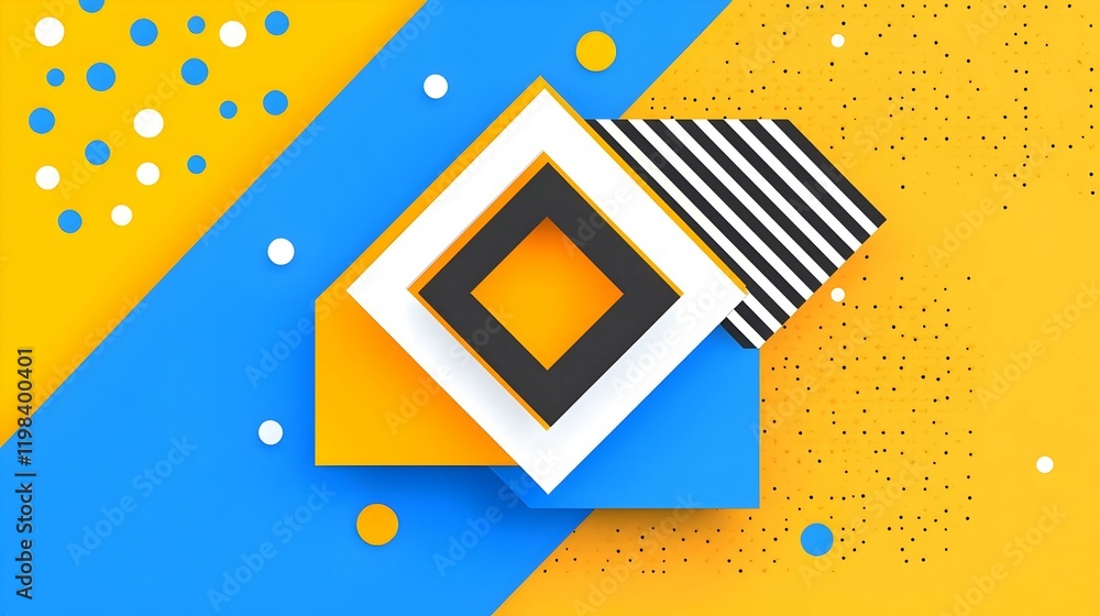 Poster vibrant geometric abstraction in yellow and blue, dynamic shapes interweave to create an energetic v