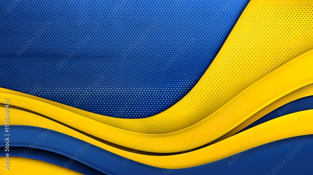 Poster vibrant yellow and blue geometric abstract design, dynamic shapes and patterns create an engaging vi