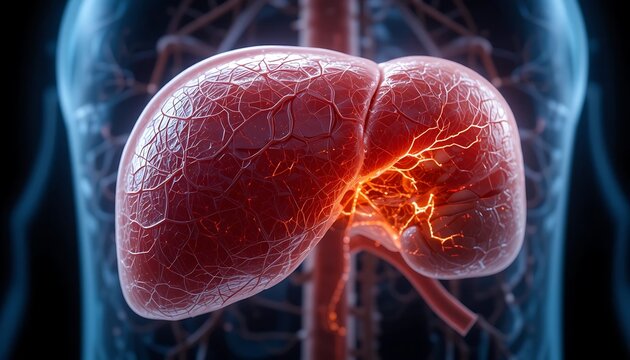 High-resolution 3D medical illustration of a human liver with detailed vascular system, showing inflammation or damage