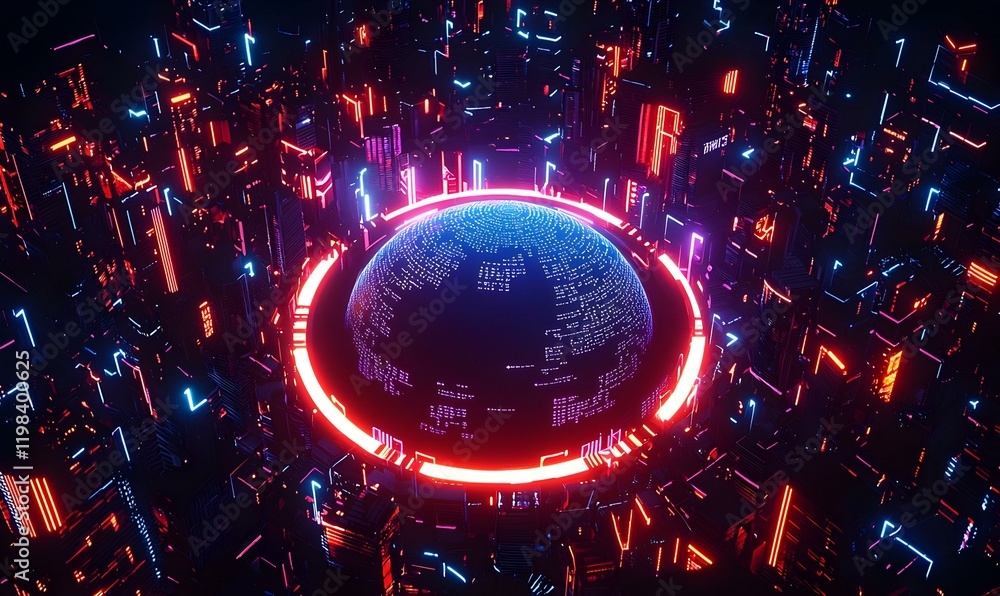 Poster holographic earth with digital rings, a captivating visualization of a globe enveloped in luminous, 