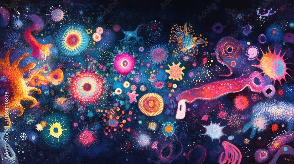 Poster diverse array of bacteria and microbes in vibrant colors showcasing the unseen world of microorganis