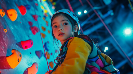 A teenage girl hangs from safety ropes in a brightly colored climbing room