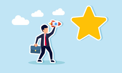 Businessman preparing to launch a rocket toward a star, illustration of targeting business quality improvement