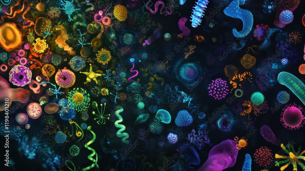 Poster diverse array of bacteria and microbes in vibrant colors revealing intricate microscopic life detail