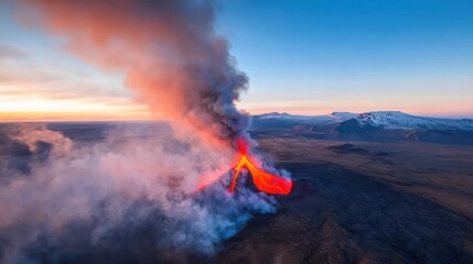 Volcanic eruption in iceland nature's fiery display over breathtaking landscape at sunset