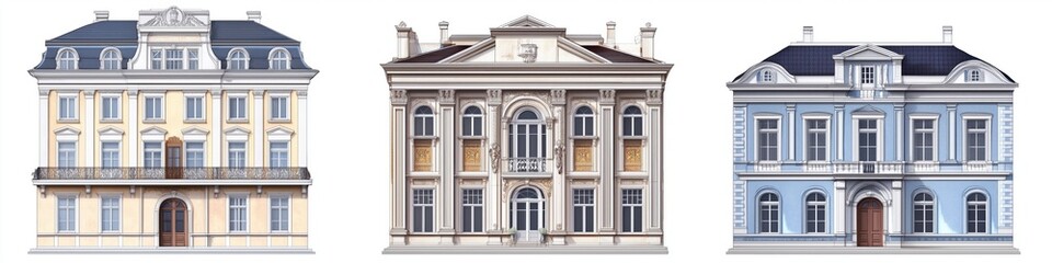 Obraz premium A collection of three elegant architectural designs of Neoclassical style buildings icons. The first building features a light yellow facade with a balcony, the second has a grand entrance.