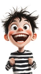 80. A cheerful boy with a toothy smile, wearing a striped shirt, on a white background