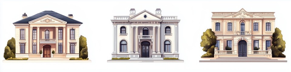 Fototapeta premium Three elegant, stylized mansion illustrations showcasing distinct architectural Neoclassical style houses icons designs. The first features a classic facade with a gabled roof.