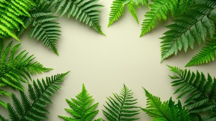 Green fern frame, beige background, nature design, flat lay.