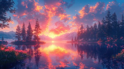 Obraz premium Sunrise over mountain lake, pink wildflowers, calm water, peaceful scene, ideal for travel brochure