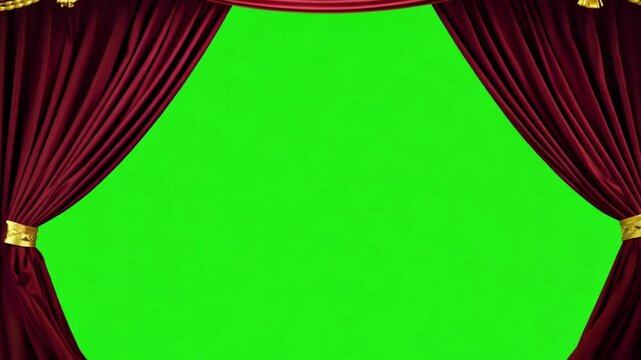 Classic red curtains opening to reveal a vivid green chroma key backdrop, perfect for dramatic theater-inspired edits and custom visuals.