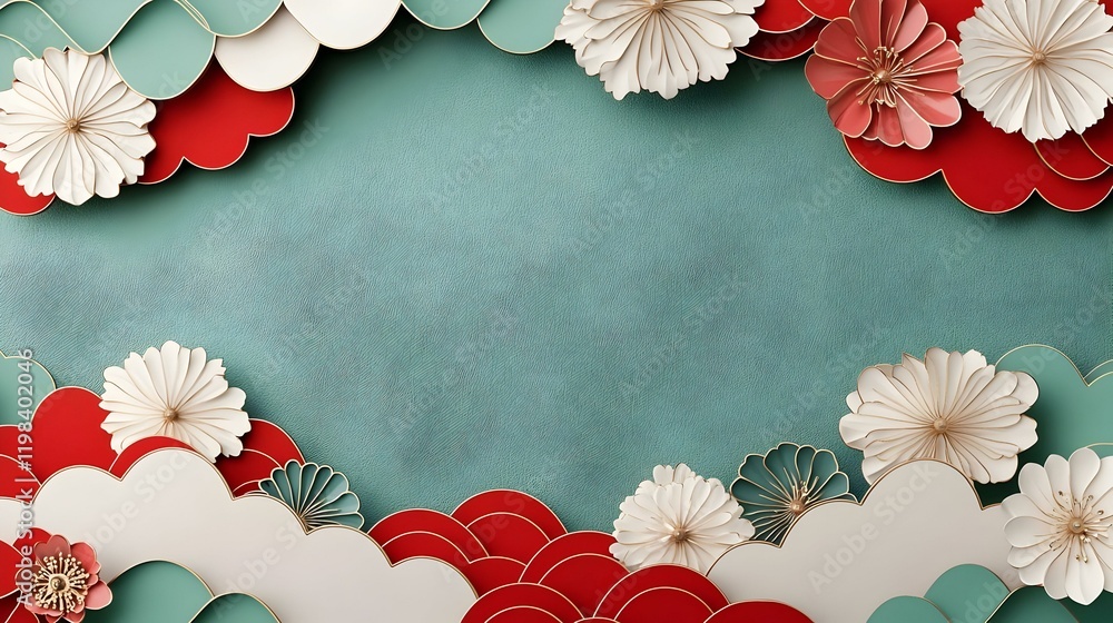 Poster festive red japanese frame with textured wave pattern, an elegant display of vibrant colors and intr