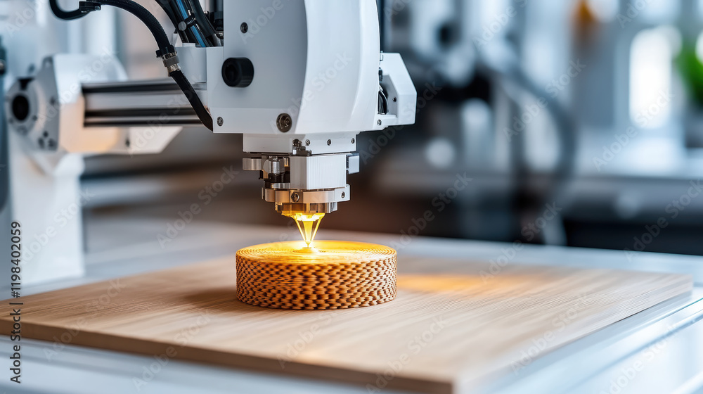 Poster 3d printing machine creating intricate wooden components in workshop